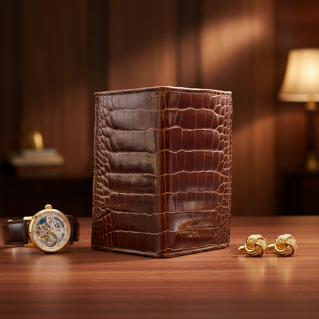 A brown alligator wallet with a textured pattern, standing upright.