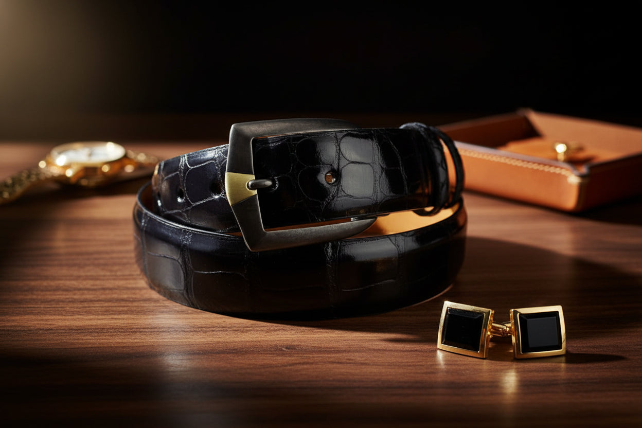 The image shows a black glazed alligator belt with a silver and gold buckle, highlighting the product's luxurious appeal.