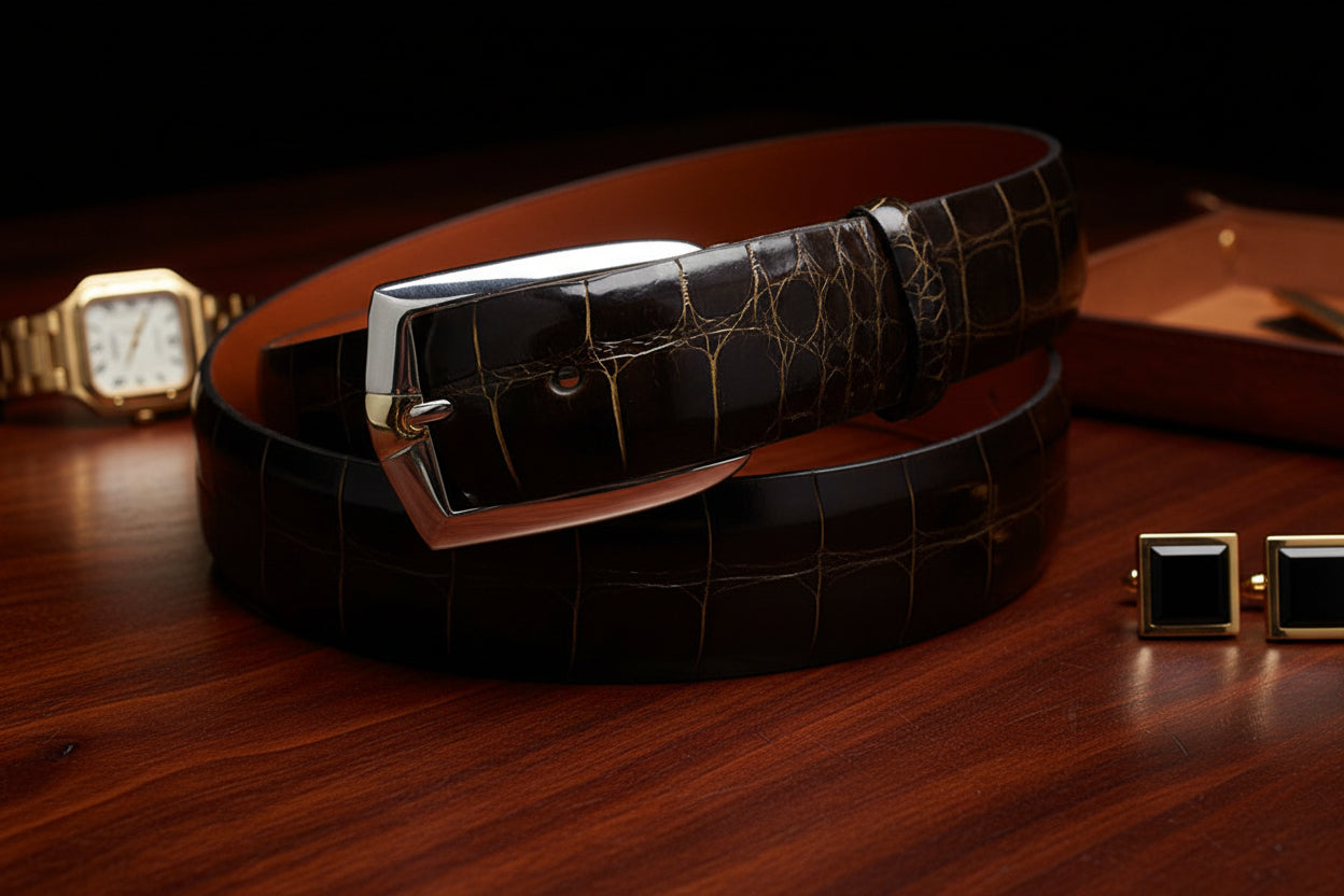 Close-up of a silver and gold belt buckle on an alligator patterned belt, with a brown strap in the background.