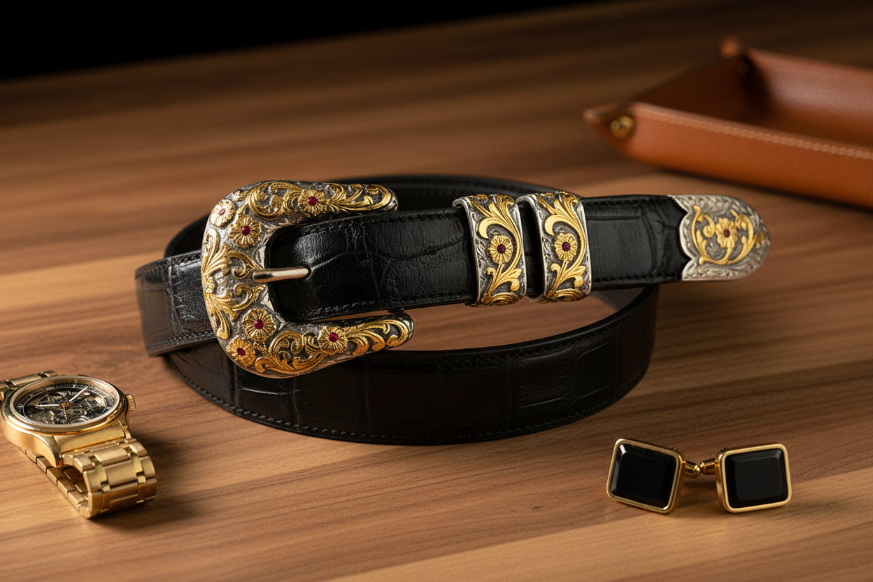 Chet Vogt Signature 4 Piece Silver and 14k Gold Buckle Set with Rubies