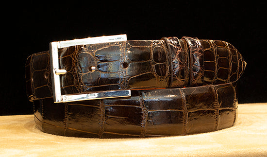 "Aspen" Sterling Silver Belt Buckle with Chocolate Glazed Alligator Belt