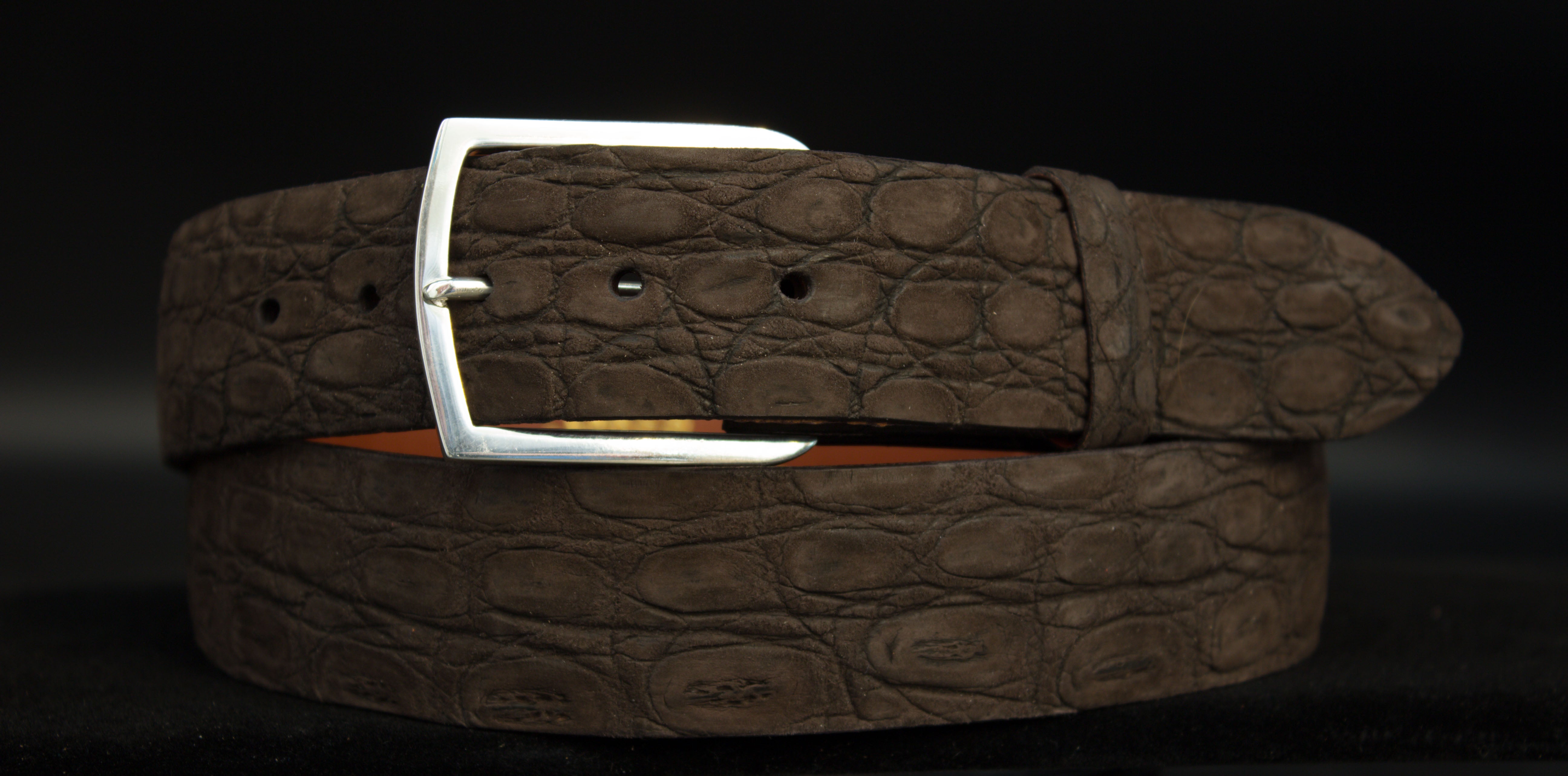 Chocolate Sueded Crocodile Belt with "Vail" Sterling Silver Buckle