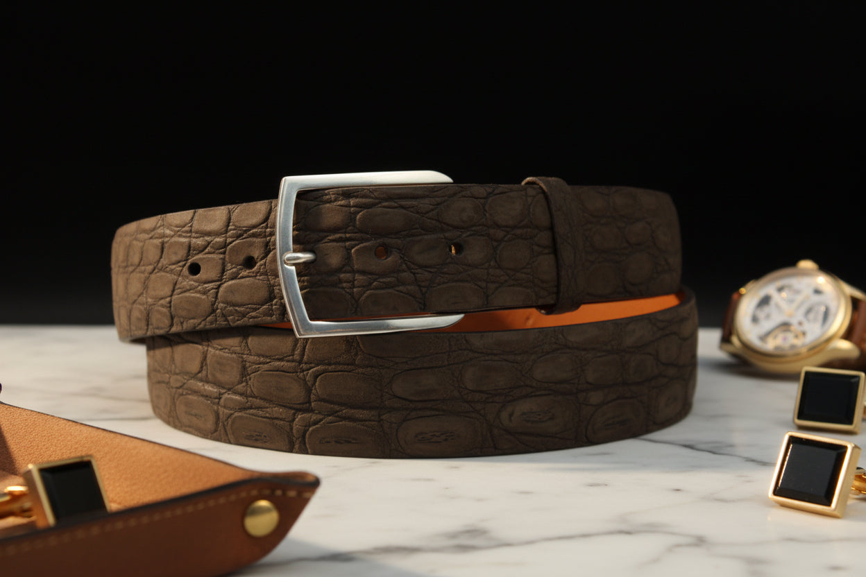 Chocolate Suede Crocodile Belt