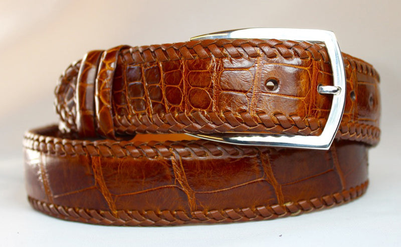 Cognac Hand Braided Alligator Belt With "Vail" Sterling Silver Buckle