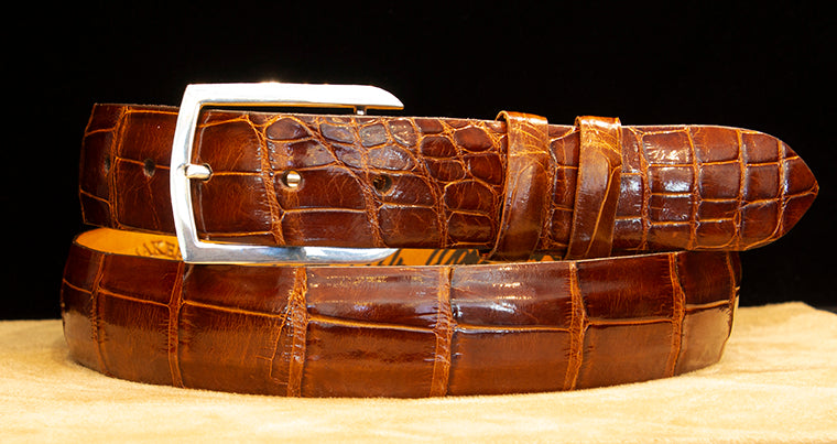 "Vail" Sterling Silver Belt Buckle with Cognac Glazed Alligator Belt