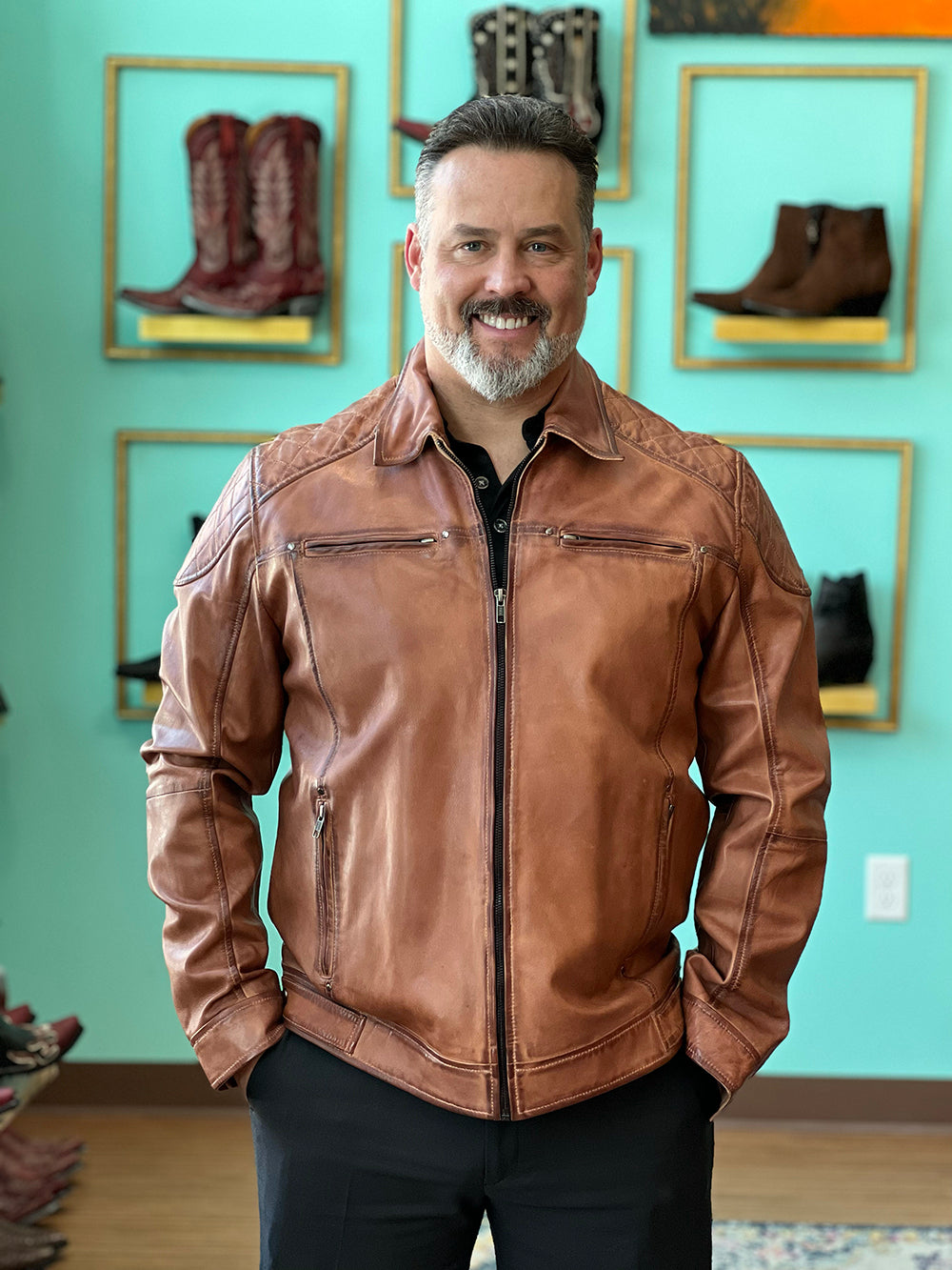 Cognac Leather Jacket With Shoulder Stitching