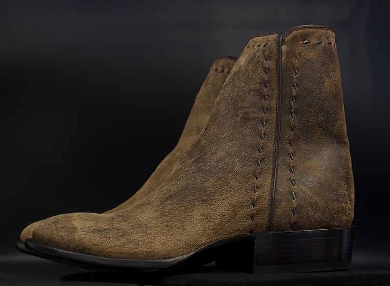 Distressed Suede Western Zip Boots with Rounded Toe