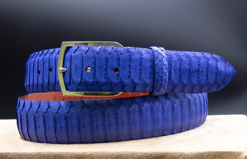 Electric Blue Python Belt with "Vail" Sterling Silver Buckle