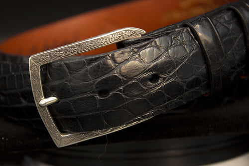 Black Matte Alligator Belt With "Engraved Vail" Sterling Silver Buckle