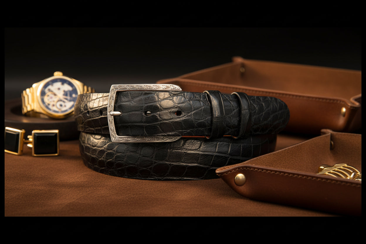 Black Matte Alligator Belt With "Engraved Vail" Sterling Silver Buckle