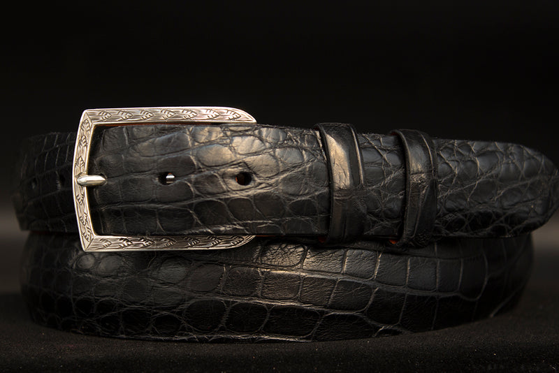 Black Matte Alligator Belt with Engraved Vail Sterling Silver Buckle 36 / 1.25