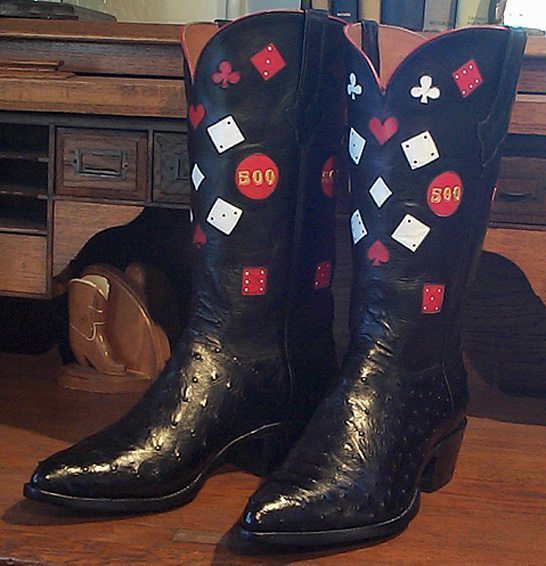 Black Ostrich Boots with Dice and Chips