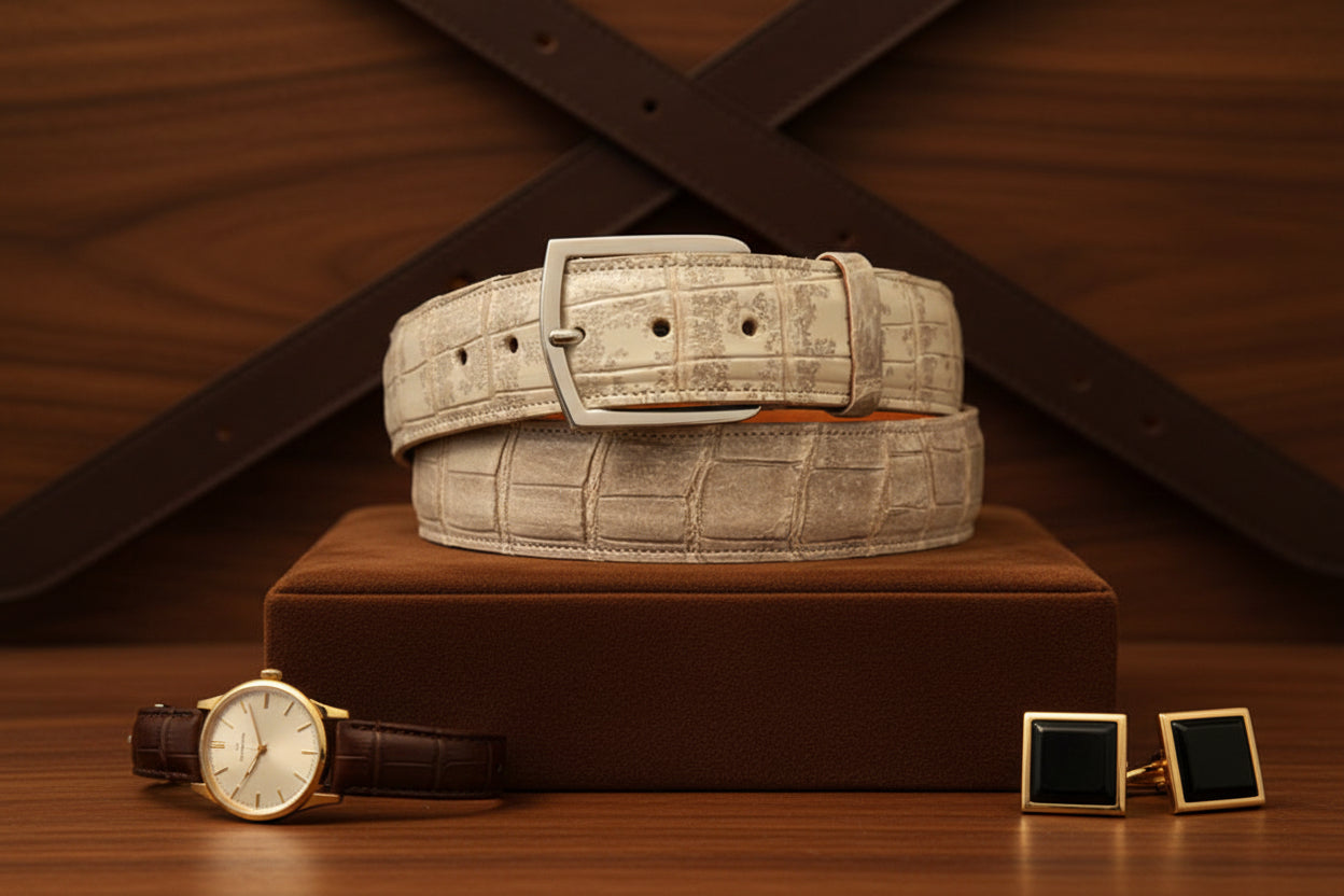 A limited edition Himalayan crocodile belt with a silver buckle, featuring a textured pattern on the strap and a signature on the buckle.