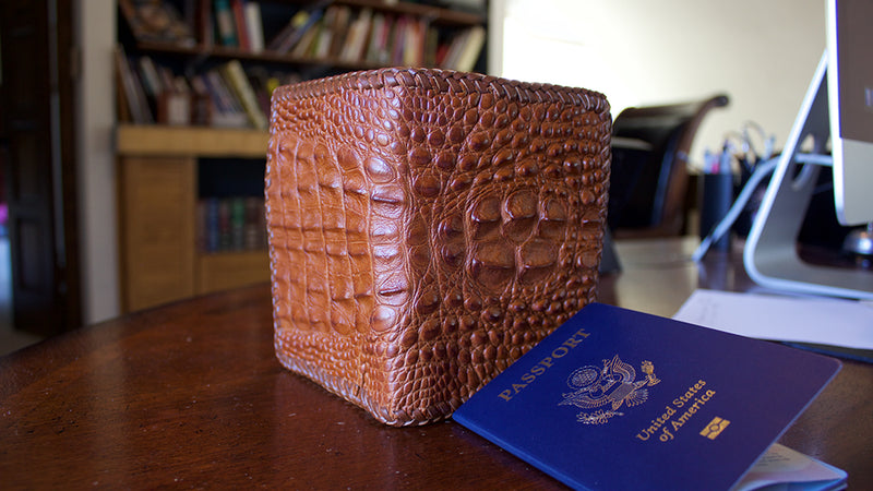 Cognac Hand Braided Hornback Full Alligator Passport Wallet