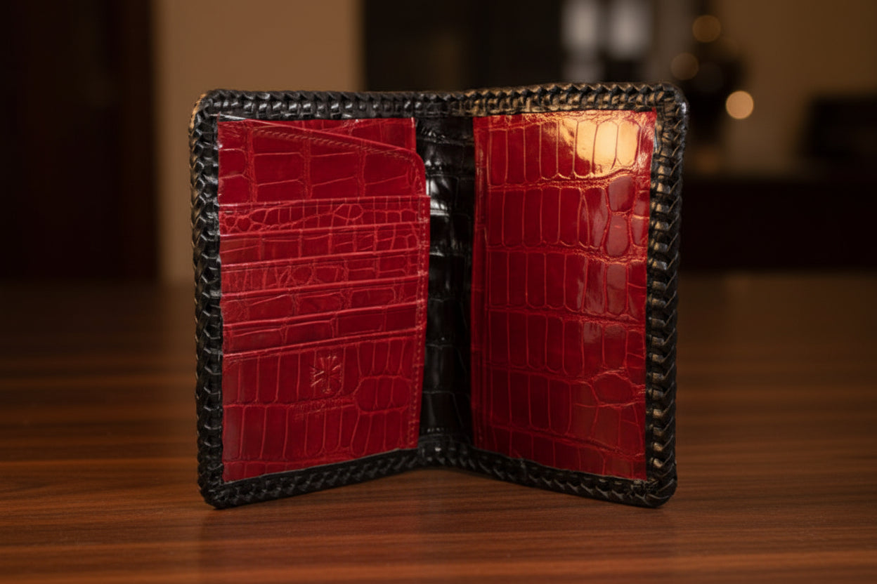 Black and Red Hand Braided Hornback Full Alligator Passport Wallet