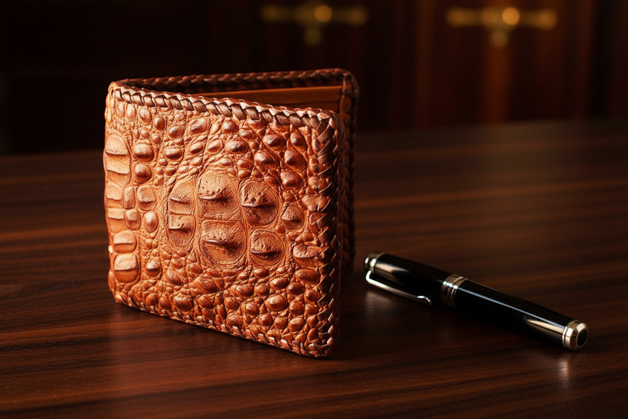Cognac Hornback Alligator Hand Braided Billfold Wallet