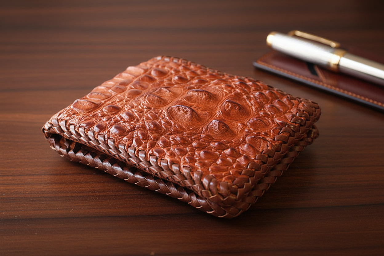 A brown, hand-braided billfold wallet made from alligator leather, showing the textured exterior and braided detailing.