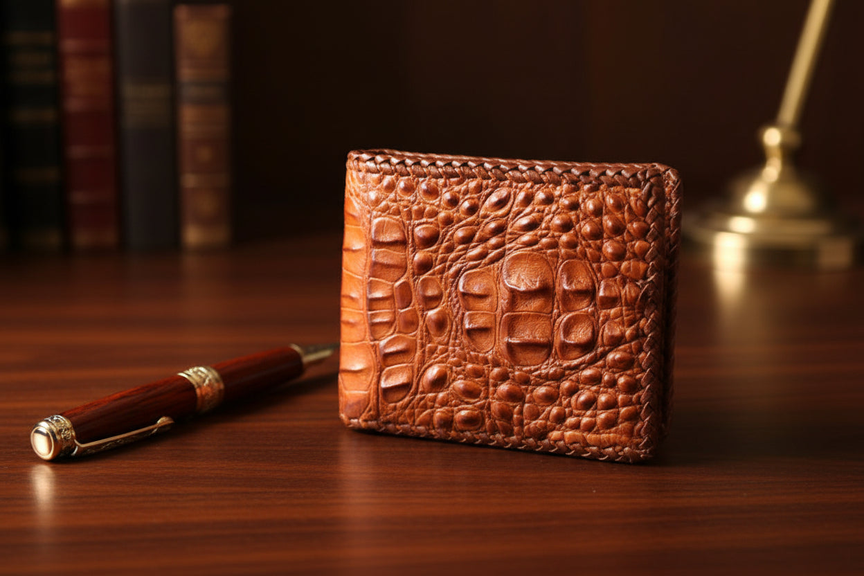 Cognac Hornback Alligator Hand Braided Billfold Wallet