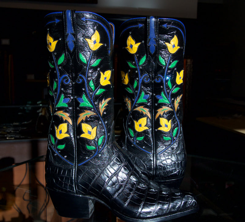 Black Hornback Alligator Tail Cowboy Boots with Inlayed Art