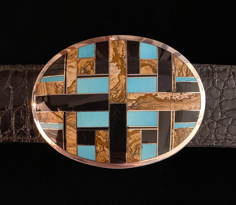 Onyx and Turquoise Oval Sterling Silver and Stone Inlay Belt Buckle