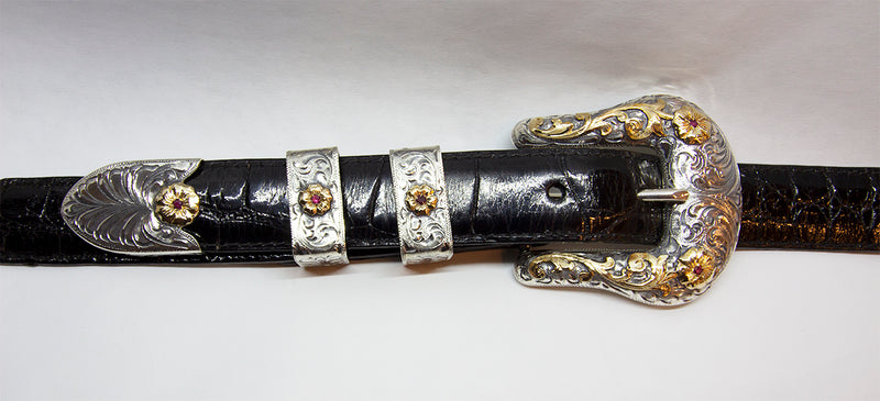Vogt "Rancher" 4 Piece Sterling Silver and Gold Buckle Set with Rubies