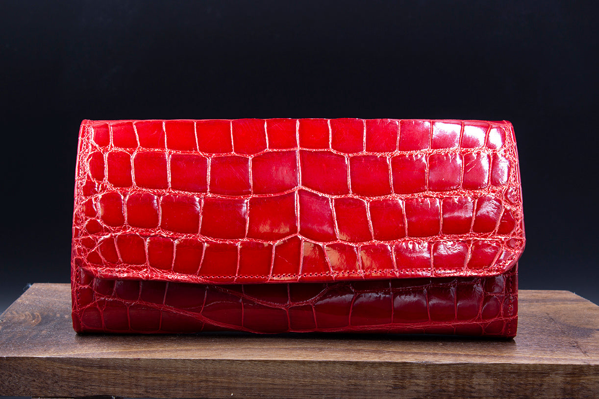 Glossy Red Credit Card Case in Real Alligator