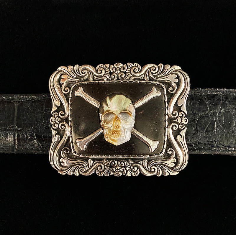 Skull Carved in Mother of Pearl Sterling Silver Buckle set in Jet