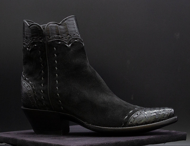 Black Suede Shorty Boots with Crocodile Wingtips and Collar