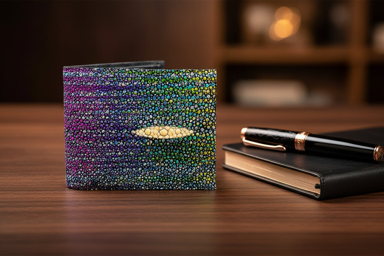 A multicolored, patterned classic wallet made from stingray and French chevre, featuring a traditional bi-fold design with credit card pockets and additional compartments.