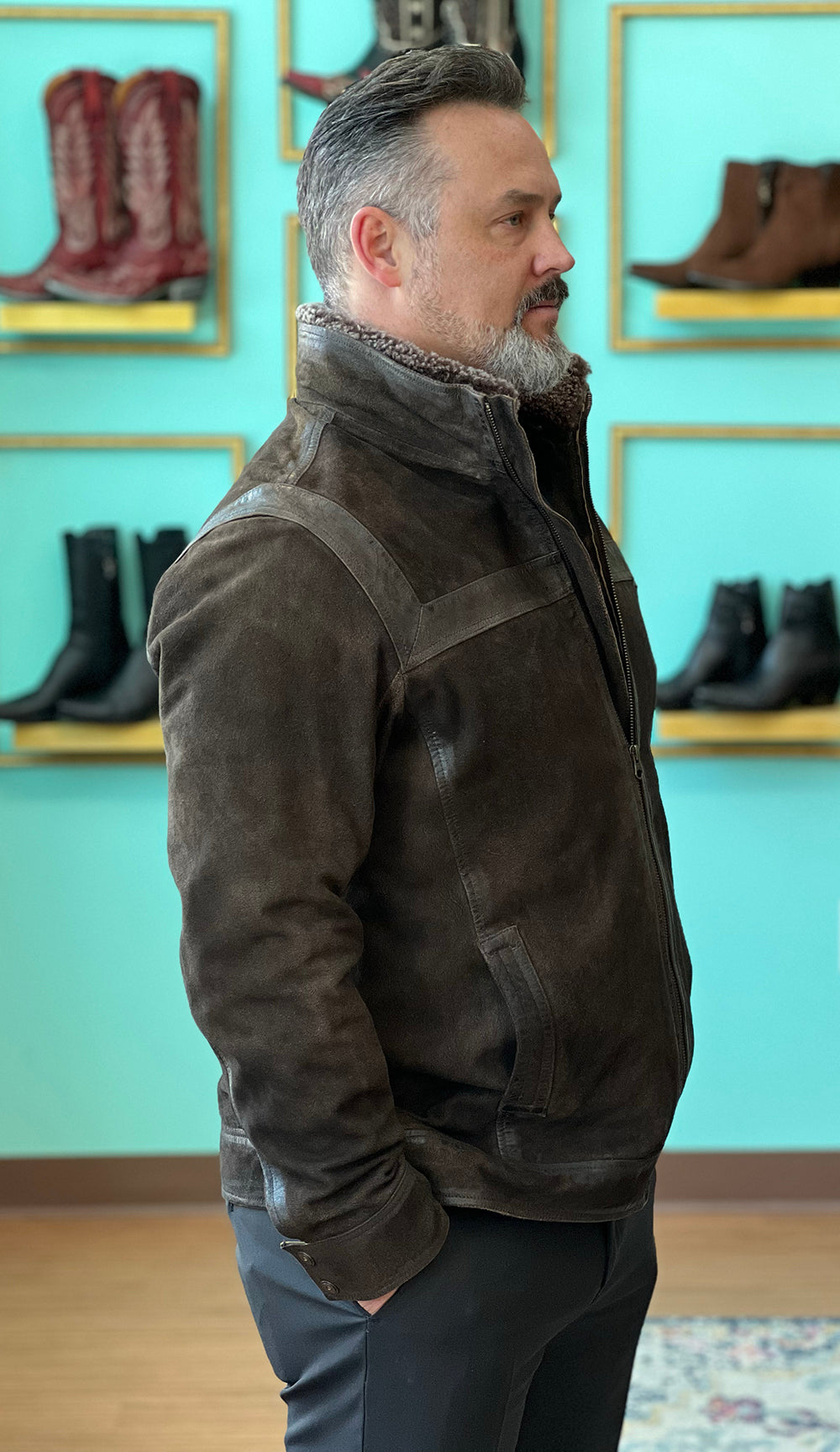 Suede Leather Jacket with Shearling Zip-out Collar