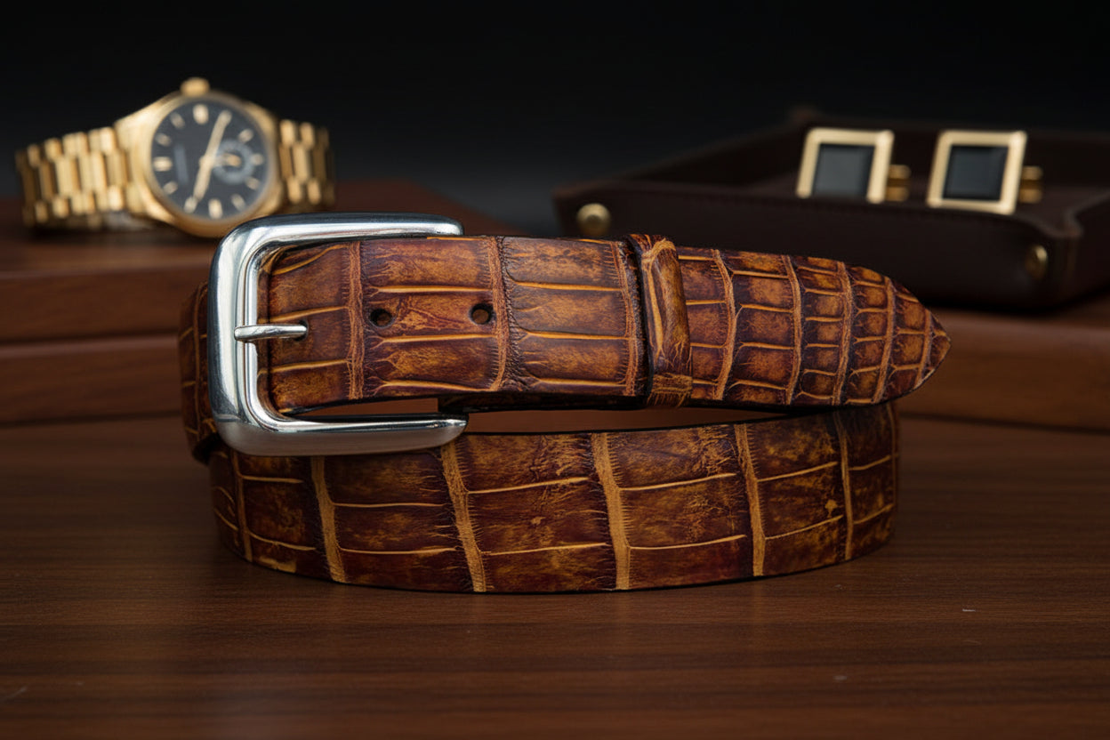 Tortuga Alligator Belt With "New Yorker" Sterling Silver Buckle