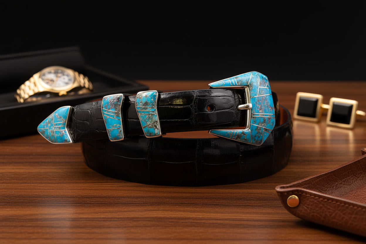 BG Mudd "Turquoise" 4 Piece Sterling Silver Buckle Set with Alligator Belt