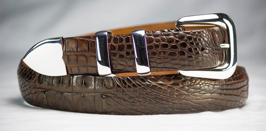 Brown Hornback Alligator Belt Strap with 4 piece Sterling Silver "New Yorker" Set
