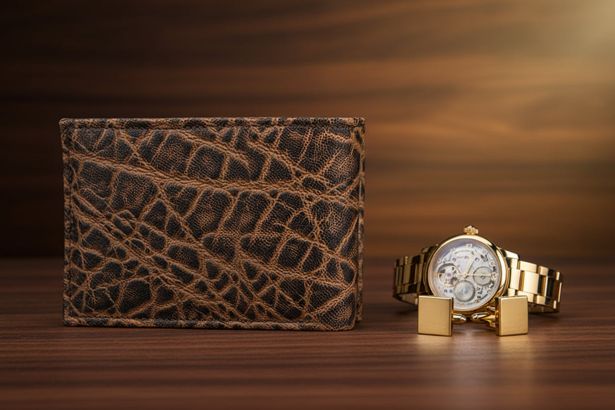 A traditional style bifold wallet made from elephant leather with a brown and black pattern.