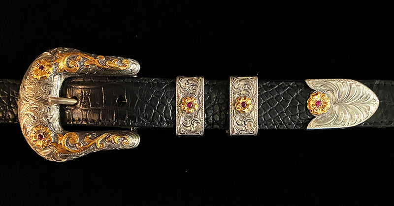 Vogt "Rancher" 4 Piece Silver and Gold Buckle Set with Rubies
